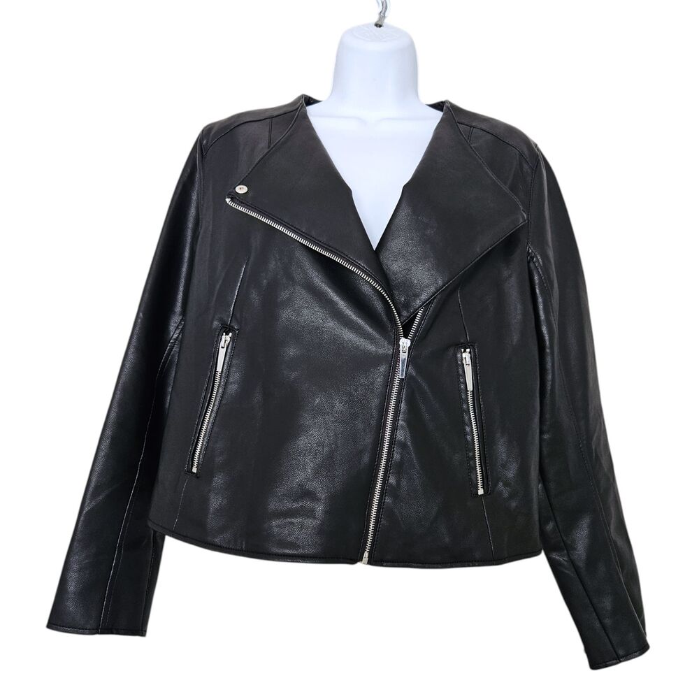 Mango MNG Faux Leather Biker Moto Jacket Womens Medium Black Zip